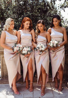 Simple One Shoulder Champagne Satin Bridesmaid Dresses With Split