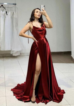 A-Line Simple Wine Red Satin Prom Dress With Slit