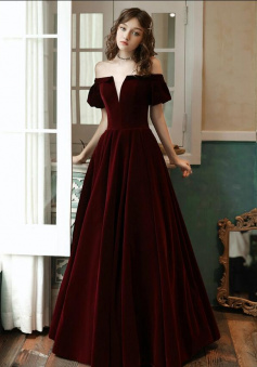 Off the Shoulder Burgundy Velvet Long Prom Dress With Pocket