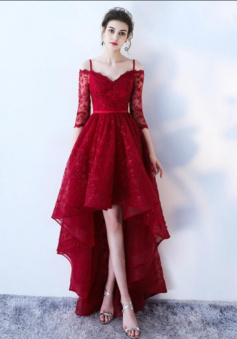 Spaghetti Straps Burgundy Half Sleeves A-Line Lace Prom Dress