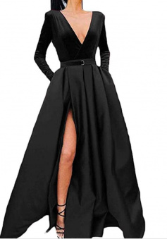 Deep V Neck Long Sleeve Front High Side Slit Evening Dress