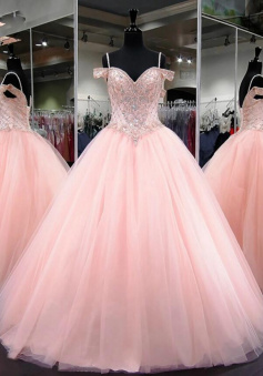 Off Shoulder Ball Gown Light Pink Beaded Prom Dress
