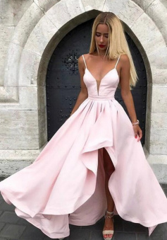 Spaghetti Strap Light Pink Satin Long Prom Dress
