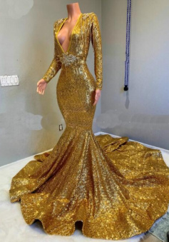 Mermaid Sparkle Sequined Gold Prom Dresses with Long Sleeves