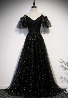 A Line Black tulle long prom dress