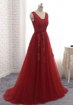 Mermaid Burgundy v neck tulle lace applique prom dress