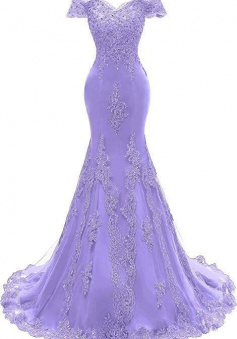 Off The Shoulder Purple Long Prom Dress With Lace