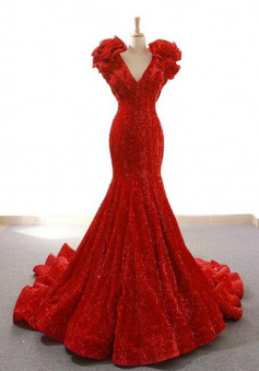 Mermaid Red Sequins Deep V-neck Prom Dress