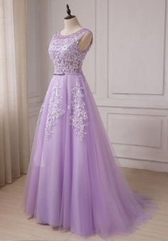 Beautiful Mermaid Lavender Tulle Long Party Dress with Lace Applique