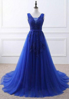Mermaid A Line V Neck Royal Blue Lace Prom Dresses