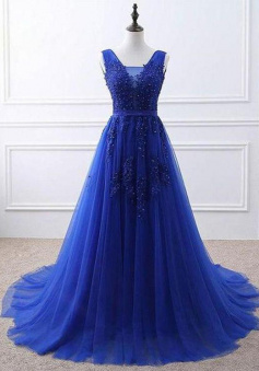 Mermaid A Line V Neck Royal Blue Lace Prom Dresses