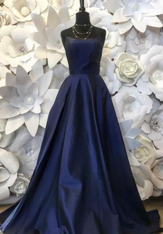 Spaghetti Straps Navy Blue Satin Prom Dresses