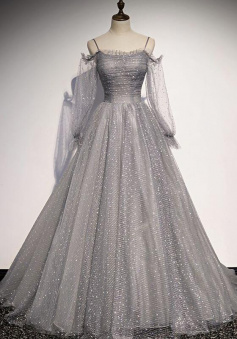 A line Gray tulle long prom evening dress