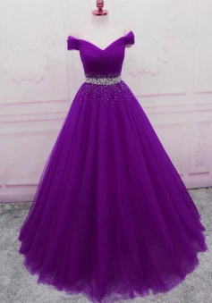 Off SHoulder Purple Evening Gown With Beads