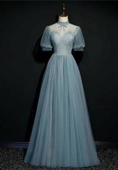 A Line Tulle Short Sleeve High Neck prom Dress