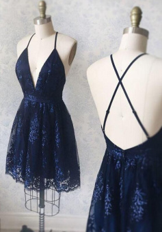 Cute V Neck Navy Blue Homecoming Dress with Appliques