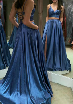 A-Line Two Piece Satin Prom Dress With Pocket