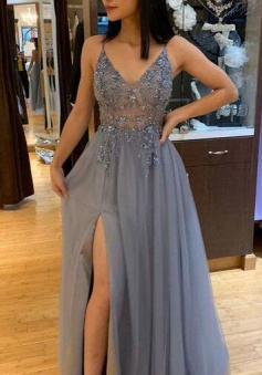 Spaghetti Straps Grey Split Long Prom Dress With Beading