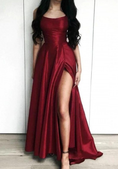 Charming Burgundy Side Slit Stain Long Evening Dress