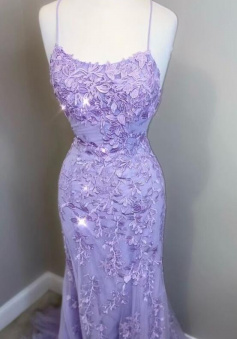 Mermaid lavender lace long prom dress