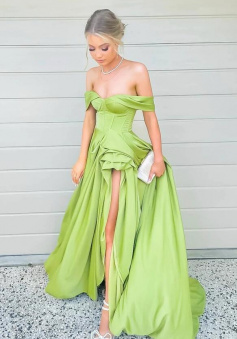 A line Mermaid Green Satin long prom dress with split