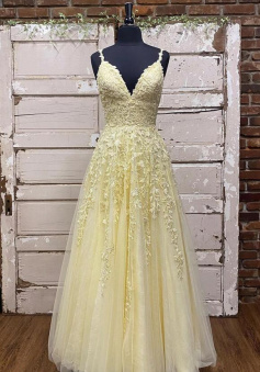 Flloor Length Yellow tulle a line lace long prom dress