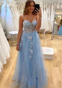 A Line Sweetheart Blue tulle lace evening dress