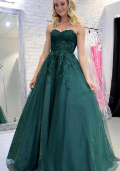 A line Green tulle long prom dress with lace