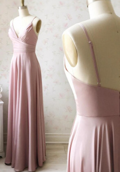 Simple A line Pink Satin Long Bridesmaid Dresses