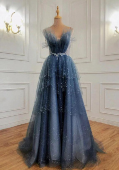 Mermaid Blue Tulle Formal Evening Dress With Beading