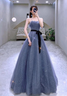 A Line Blue Tulle long prom dress