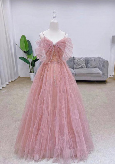 A Line Pink Tulle Evening Dresses For Party