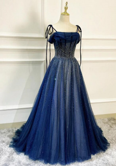 Mermaid Blue Tulle Evening Dress With Beading