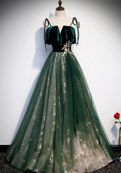 A Line Green tulle long prom evening dress