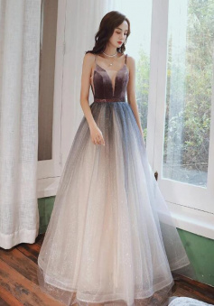 Beautiful A-Line Velvet And Gradient Tulle Straps Party Dresses
