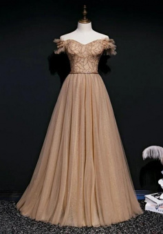 A LIne Off SHoulder Tulle Champagne Beaded Long Prom Party Dress