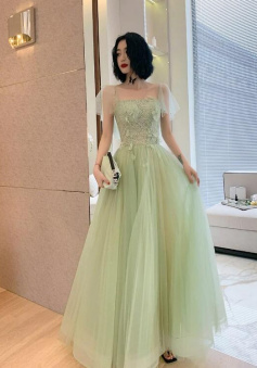 Beautiful A Line Green Tulle Long Prom Dress With Lace
