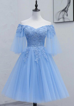 Off Shoulder Blue Tulle Short Prom Dress With Lace