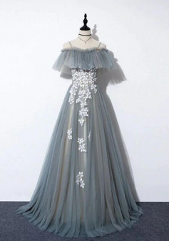 Off Shoulder Straps Grey Tulle Long Party Dress With Lace