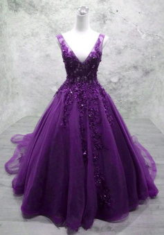 Mermaid V-neck Purple xTulle Beaded Prom Dresses With Lace