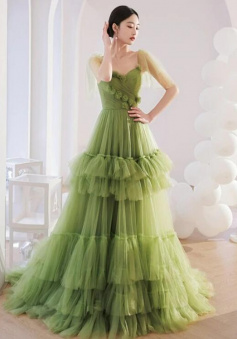 Sweetheart Mermaid Light Green Layers Tulle Long Formal Dresses For Party