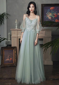 A-Line Floor Length Light Green Evening Dresses With Lace