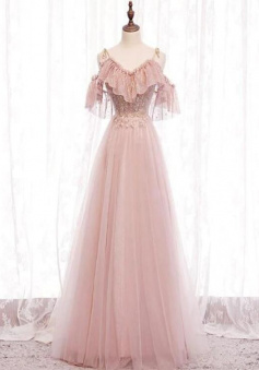 Off Shoulder A-Line Pink Lace Tulle Prom Dresses