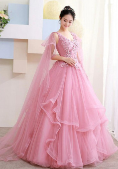Ball Gown Pink Tulle Party Dress With Lace Applique