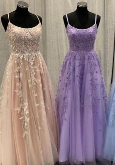 Floor Length A Line Tulle Long Prom Dresses With Lace