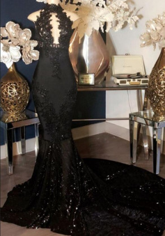 Mermaid Sequins Black Halter Prom Dresses With Lace Appliques