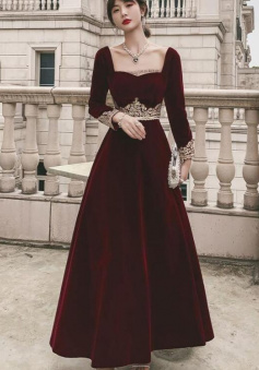 Charming A-line Wine Red Velvet Long Prom Dress With Long Sleeves