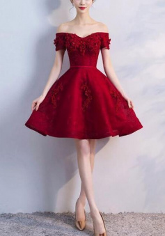Off Shoulder Wine Red Short Beaded Homecoming Dress