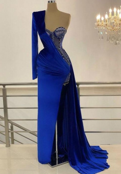 A Line Royal Blue Velvet Corset Long Prom Dress With Long Sleeves