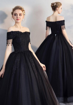 Custom Size Off Shoulder Tulle Black Prom Evening Dress